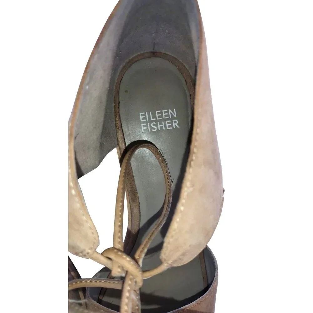 Eileen Fisher Tan Suede Block Heel Sandals Size 8.5 Lace  Open-Toe Comfort
